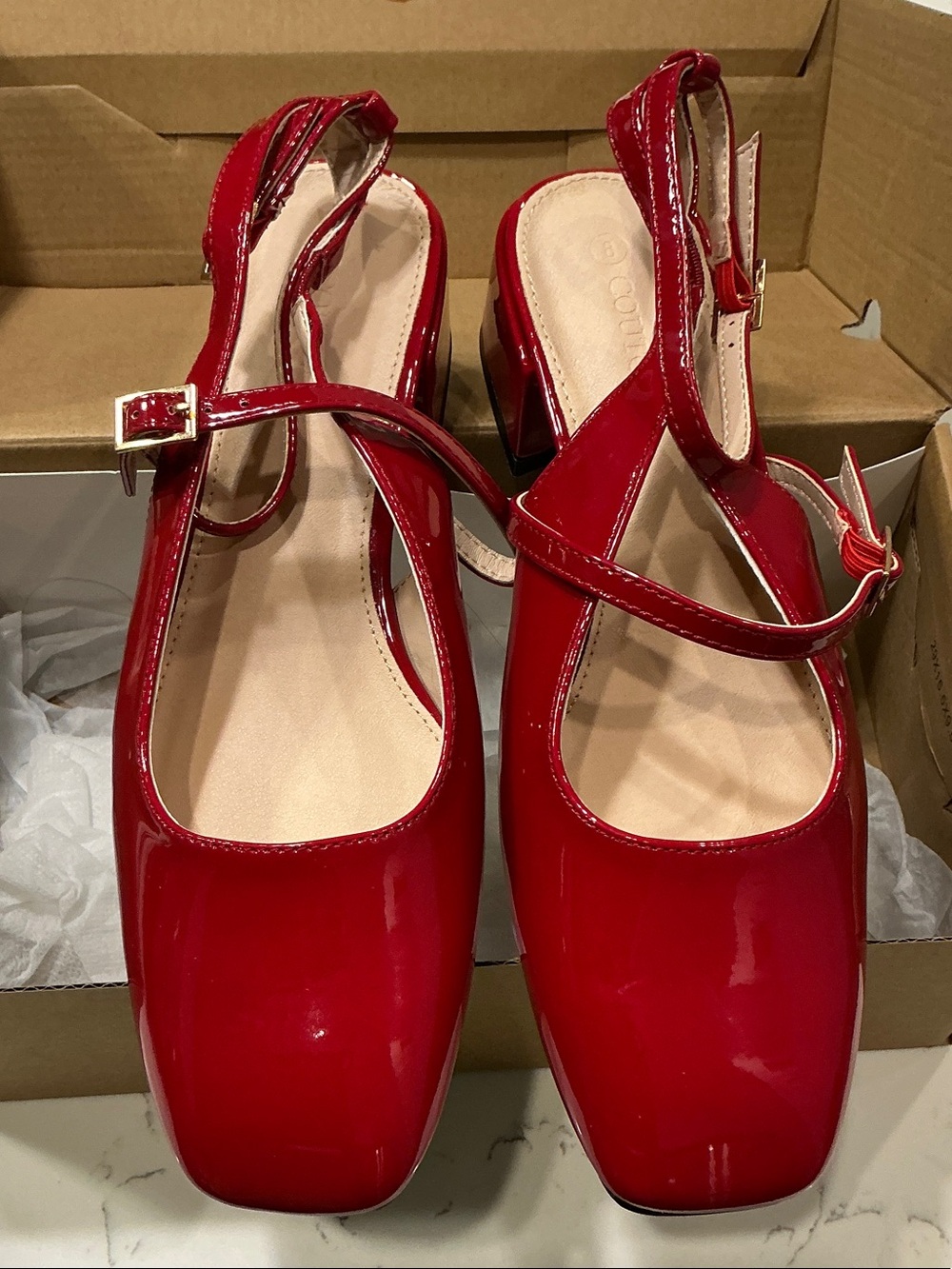 Women's Red Patent Slingback Mary Jane Block Heel